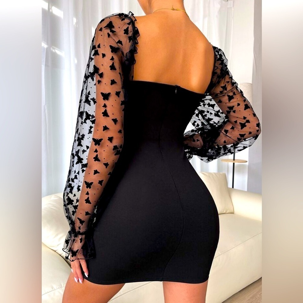 Snatched black sheer butterfly sleeve bodycon bombshell party sexy dress size XS